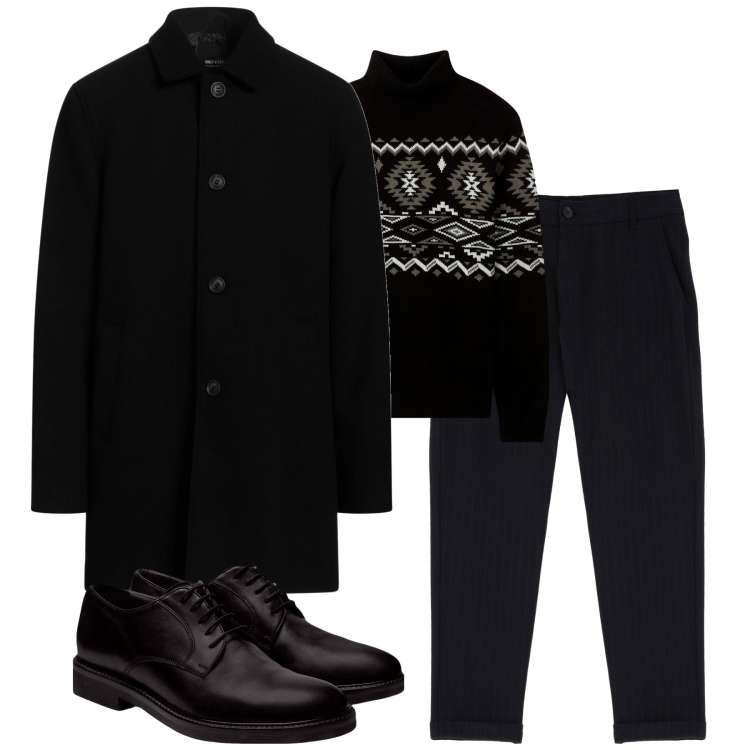 Outfit uomo - Total look #1981367. Stile Urban per Tutti i giorni. Abbinamento con cappotti, maglieria, pantaloni, scarpe stringate.