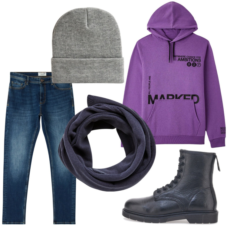 Outfit uomo - Carismatico in viola. Stile Urban per Tutti i giorni. Abbinamento con jeans skinny, sciarpe, felpe con cappuccio, berretti, anfibi.