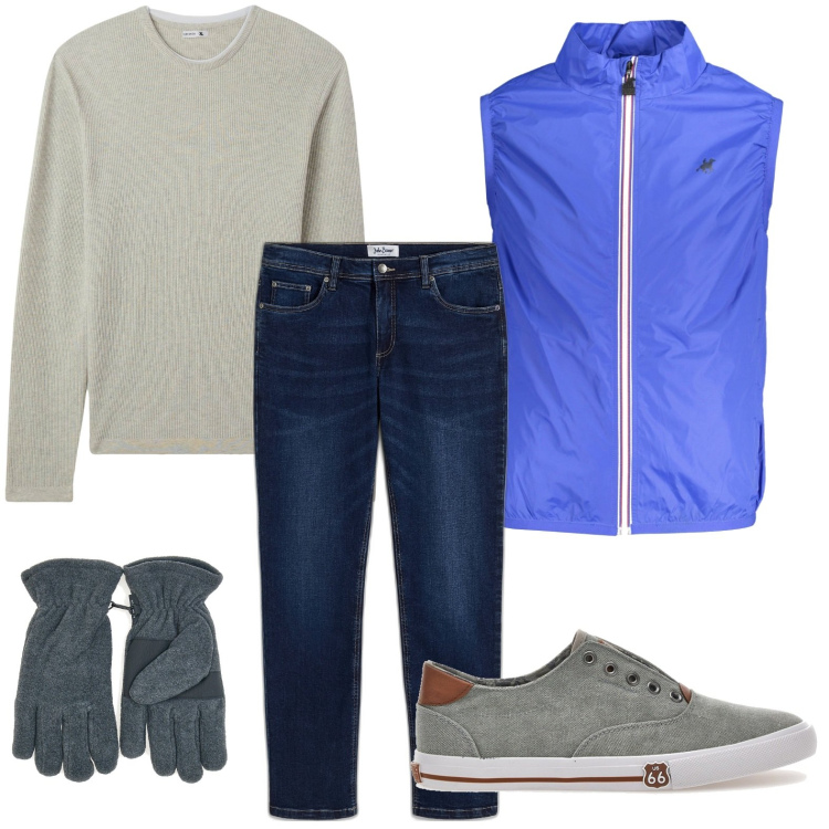 Outfit uomo - Comodo in jeans. Stile Trendy per Tutti i giorni. Abbinamento con jeans dritti, maglieria, sneakers, guanti, giacche.