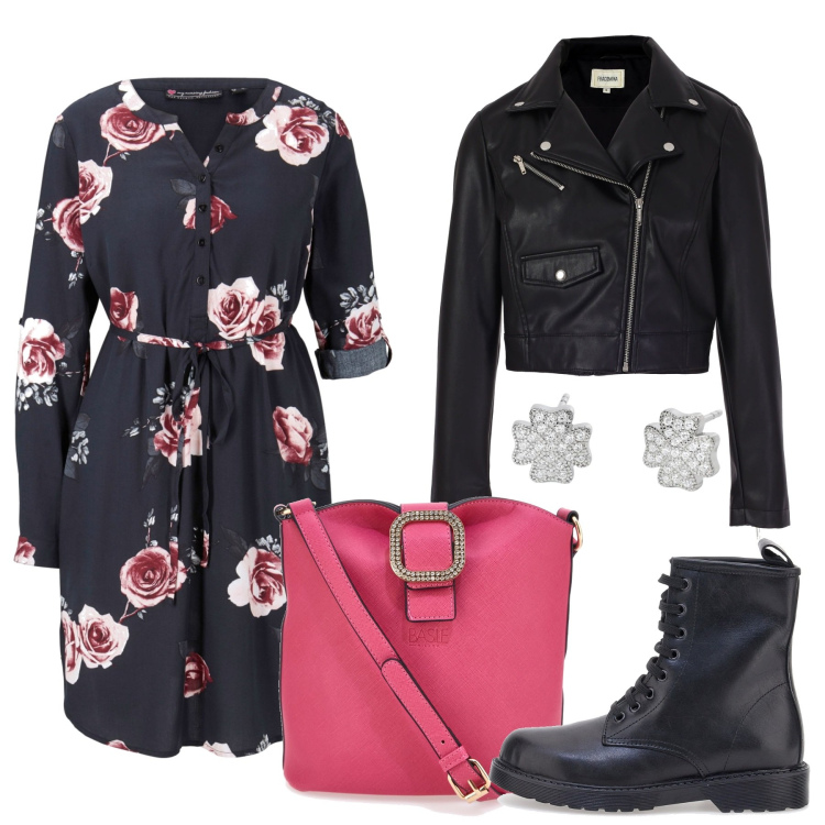 Outfit donna - Abito a fiori. Stile Trendy per Tutti i giorni. Abbinamento con vestiti, orecchini, blazer, anfibi, borse a tracolla.