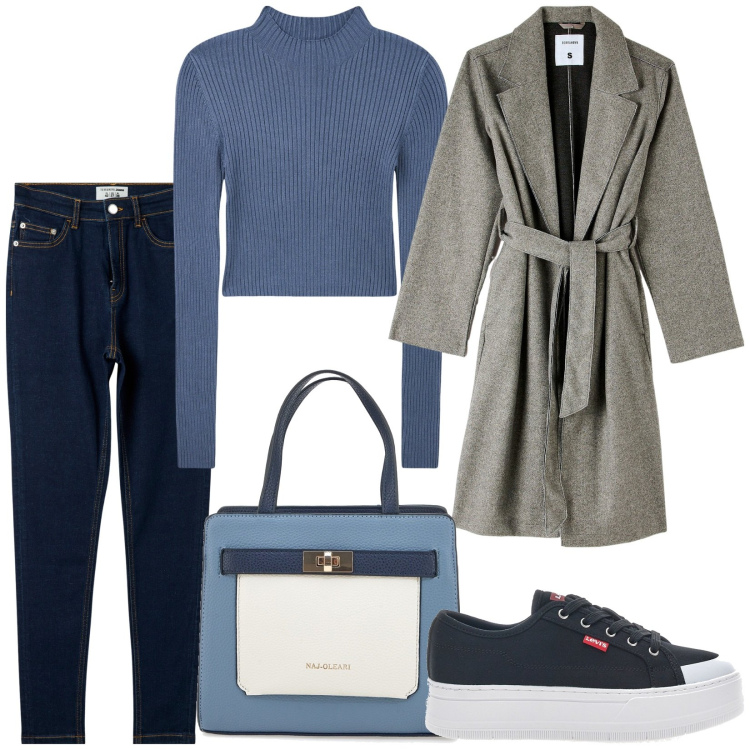 Outfit donna - Total look #1981390. Stile Casual per Tutti i giorni. Abbinamento con cappotti, maglieria, jeans skinny, sneakers, borse a mano.