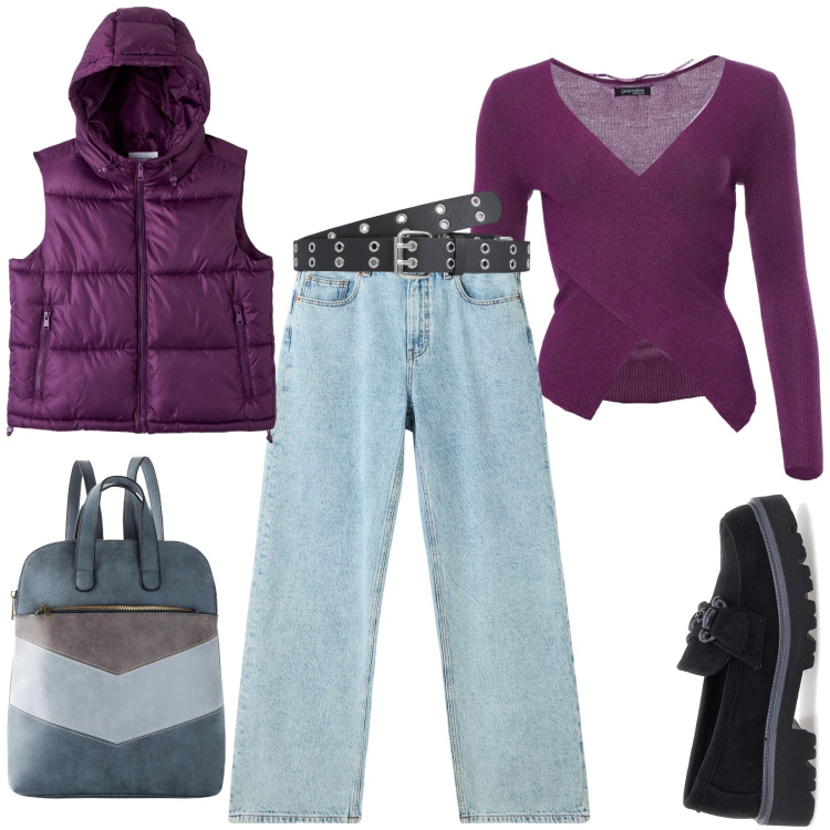 Outfit donna - Total look #1981391. Stile Casual per Tutti i giorni. Abbinamento con zaini, piumini, jeans, cinture, maglieria, mocassini.