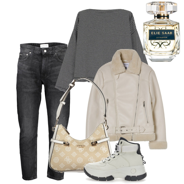 Outfit donna - Sneakers alte. Stile Urban per Tutti i giorni. Abbinamento con profumi, blazer, maglieria, stivaletti, borse a spalla, jeans.