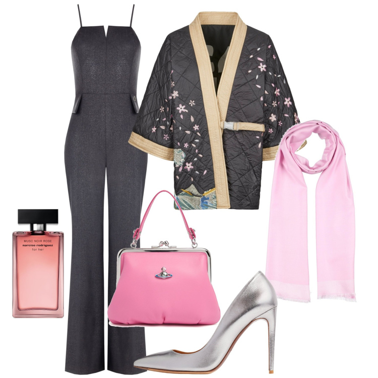 Outfit donna - Cena giapponese. Stile Chic per Serata fuori. Abbinamento con sciarpe, profumi, tute, décolleté, kimono, borse a mano.