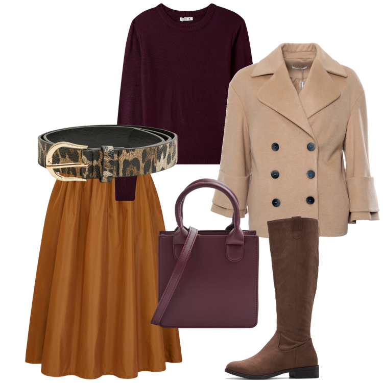 Outfit donna - Deep city e brown. Stile Bon Ton per Tutti i giorni. Abbinamento con stivali, shopping bag, cinture, maglieria, cappotti, gonne lunghe.