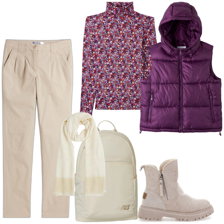 Outfit donna - Pantaloni chino elasticizzati. Stile Casual per Tutti i giorni. Abbinamento con pantaloni chino, t-shirt, piumini, sciarpe, zaini, stivaletti.