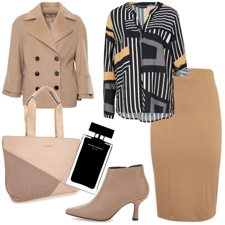 Outfit donna - Total look #1981409. Stile Casual chic per Ufficio. Abbinamento con tuniche, profumi, cappotti, stivaletti, gonne lunghe, borse a spalla.
