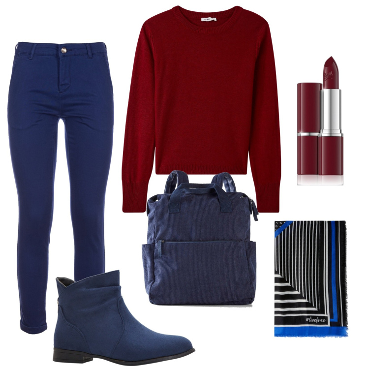 Outfit donna - Io in casual. Stile Casual per Tutti i giorni. Abbinamento con stivaletti, zaini, rossetti, maglieria, pantaloni, foulard.