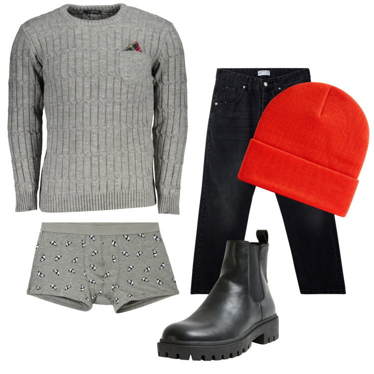Outfit uomo - In giro. Stile Casual per Tutti i giorni. Abbinamento con boxer, stivali e stivaletti, berretti, jeans, maglieria.