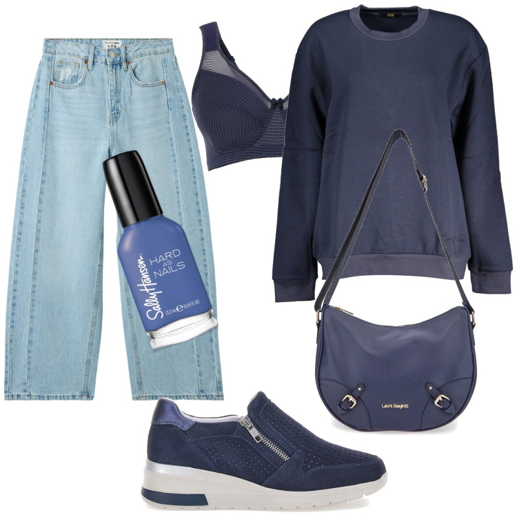Outfit donna - Blu. Stile Basic per Tutti i giorni. Abbinamento con reggiseni, smalti, jeans, felpe, sneakers, borse a tracolla.
