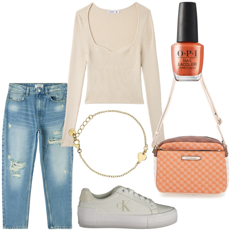 Outfit donna - Total look #1981430. Stile Casual chic per Scuola/Università. Abbinamento con smalti, jeans mom, maglieria, braccialetti, sneakers, borse a tracolla.