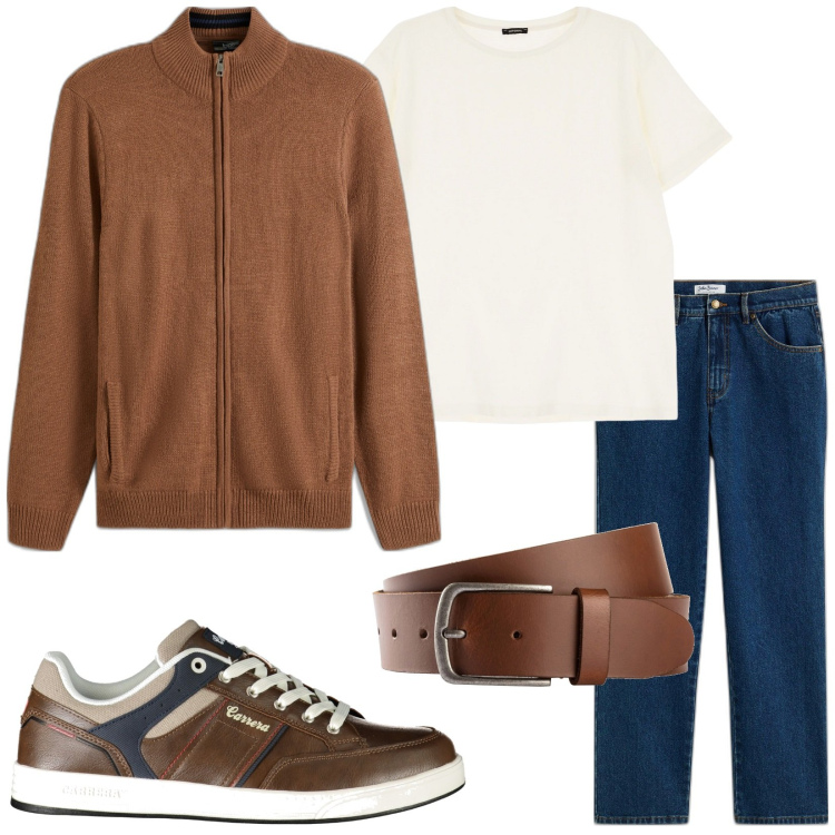 Outfit uomo - Total look #1981434. Stile Urban per Tutti i giorni. Abbinamento con jeans dritti, cardigans, cinture, t-shirt, sneakers.