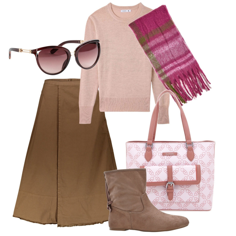 Outfit donna - Cipria. Stile Bon Ton per Ufficio. Abbinamento con occhiali da sole, stivaletti, maglieria, gonne lunghe, borse a spalla, sciarpe.