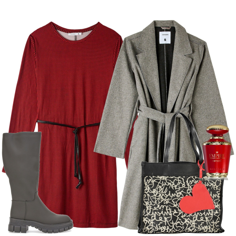 Outfit donna - Red thing. Stile Urban per Tutti i giorni. Abbinamento con profumi, vestiti midi/longuette, cappotti, borse a spalla, stivali.