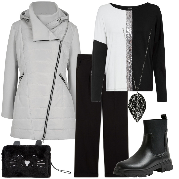 Outfit donna - Total look #1981451. Stile Casual per Tutti i giorni. Abbinamento con pantaloni, blazer, maglieria, ciondoli, stivaletti chelsea, valigie.