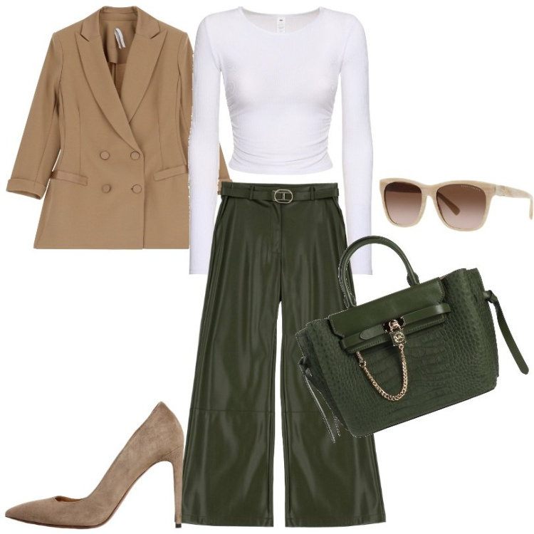 Outfit donna - verde militare, bianco, cammello. Stile Trendy per Tutti i giorni. Abbinamento con borse a mano, pantaloni, blazer, occhiali da sole, décolleté, top.