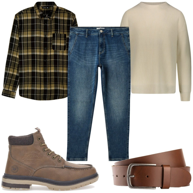 Outfit uomo - Camicia a quadri low cost. Stile Casual per Tutti i giorni. Abbinamento con cinture, camicie, jeans, stivali e stivaletti, maglieria.