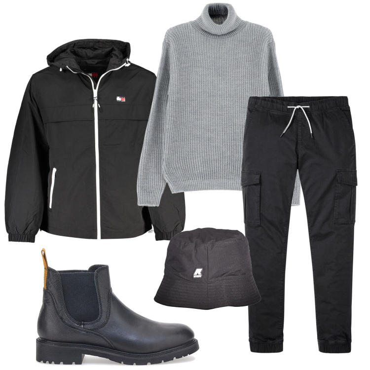 Outfit uomo - Giornata di pioggia. Stile Urban per Tutti i giorni. Abbinamento con pantaloni cargo, maglieria, stivali e stivaletti, giacche sportive, cappelli.