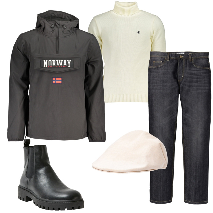 Outfit uomo - Giornata di pioggia. Stile Urban per Tutti i giorni. Abbinamento con jeans dritti, stivali e stivaletti, cappelli e berretti, maglieria, giacche sportive.