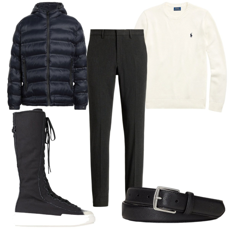 Outfit uomo - Oggi piove, ecco gli stivali. Stile Trendy per Tutti i giorni. Abbinamento con piumini, stivali, cinture, maglieria, pantaloni.