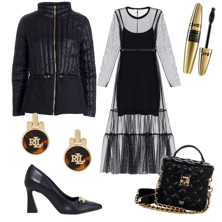 Outfit donna - Un originale abbigliamento. Stile Trendy per Serata fuori. Abbinamento con mascara, borse a mano, piumini, vestiti lunghi, stivaletti, orecchini.