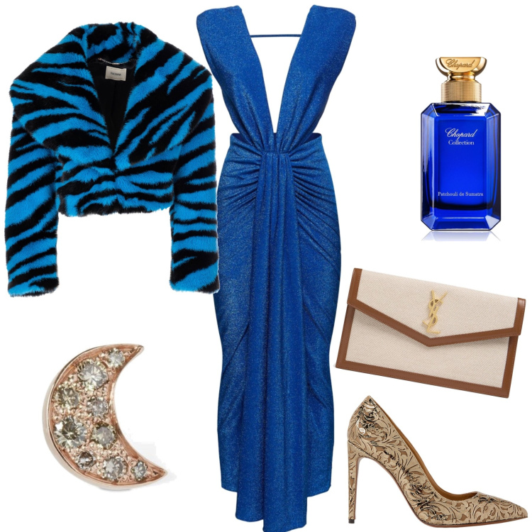 Outfit donna - Che sera stasera. Stile Glamour per Serata fuori. Abbinamento con profumi, blazer, décolleté, vestiti, orecchini, pochette.