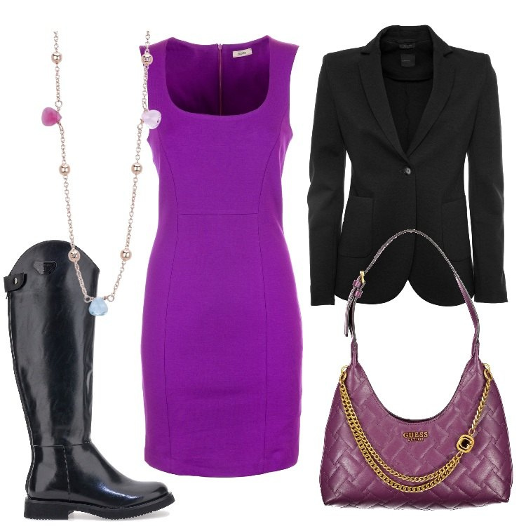 Outfit donna - Viola e stivali. Stile Casual chic per Ufficio. Abbinamento con collane, vestiti senza maniche, stivali, blazer, borse a spalla.