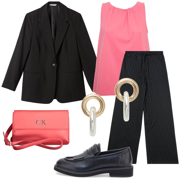 Outfit donna - La stagione del blazer. Stile Casual chic per Tutti i giorni. Abbinamento con pantaloni, blazer, orecchini, mocassini, top, borse a tracolla.