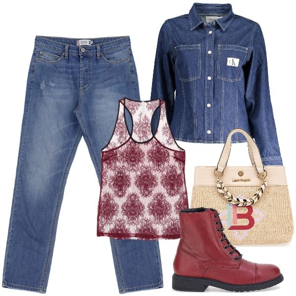 Outfit donna - Denim su denim. Stile Casual per Tutti i giorni. Abbinamento con jeans dritti, canottiere, anfibi, borse a mano, camicie.