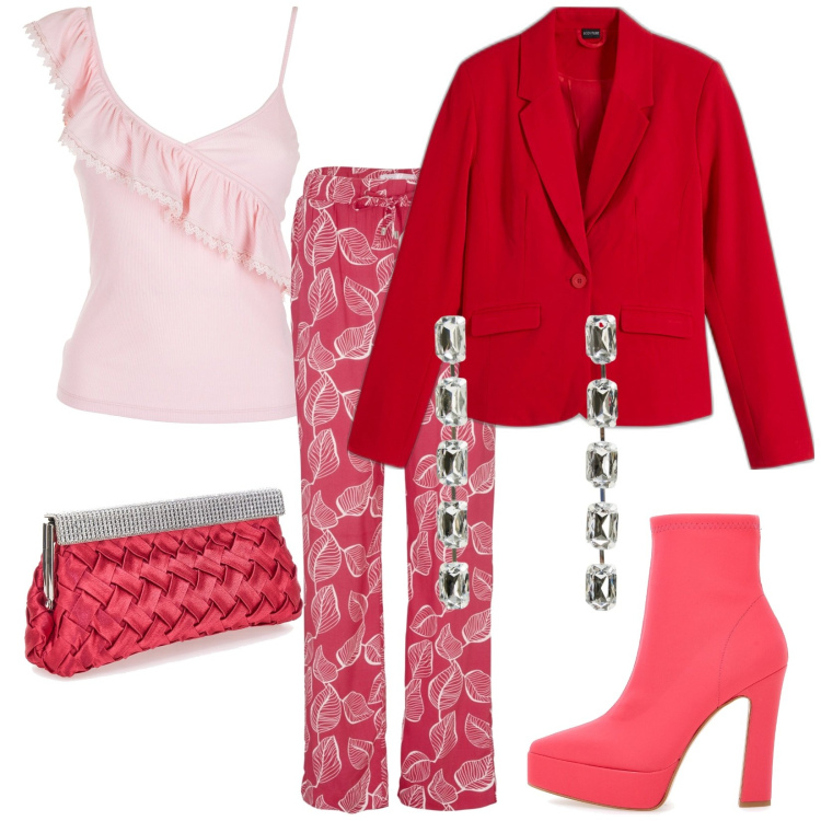 Outfit donna - Una festa colorata. Stile Glamour per Serata fuori. Abbinamento con pantaloni, blazer, orecchini, top, stivaletti, pochette.
