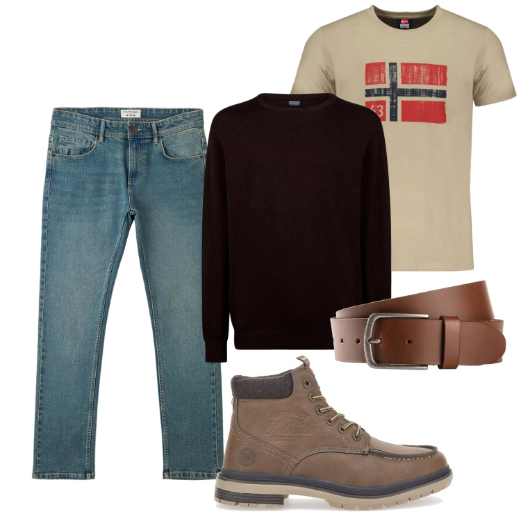 Outfit uomo - Vagabondo. Stile Casual per Tutti i giorni. Abbinamento con cinture, jeans, maglieria, stivali e stivaletti, t-shirt.