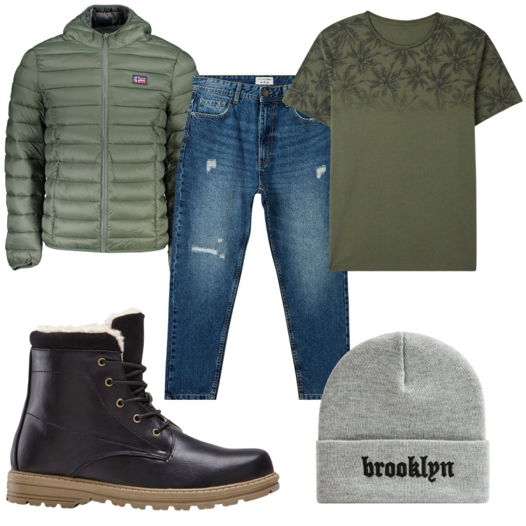 Outfit uomo - Total look #1981524. Stile Trendy per Tutti i giorni. Abbinamento con stivali e stivaletti, t-shirt, jeans strappati, berretti, giacche.