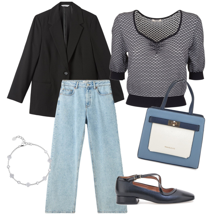 Outfit donna - Total look. Stile Urban per Tutti i giorni. Abbinamento con blazer, jeans, braccialetti, maglieria, ballerine, borse a mano.