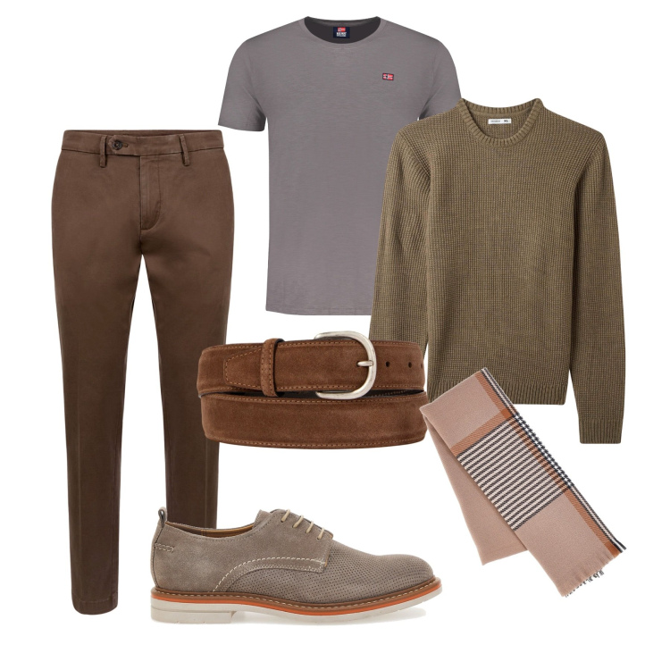 Outfit uomo - Ottobre. Stile Casual per Tutti i giorni. Abbinamento con maglieria, sciarpe, cinture, scarpe stringate, pantaloni chino, t-shirt.