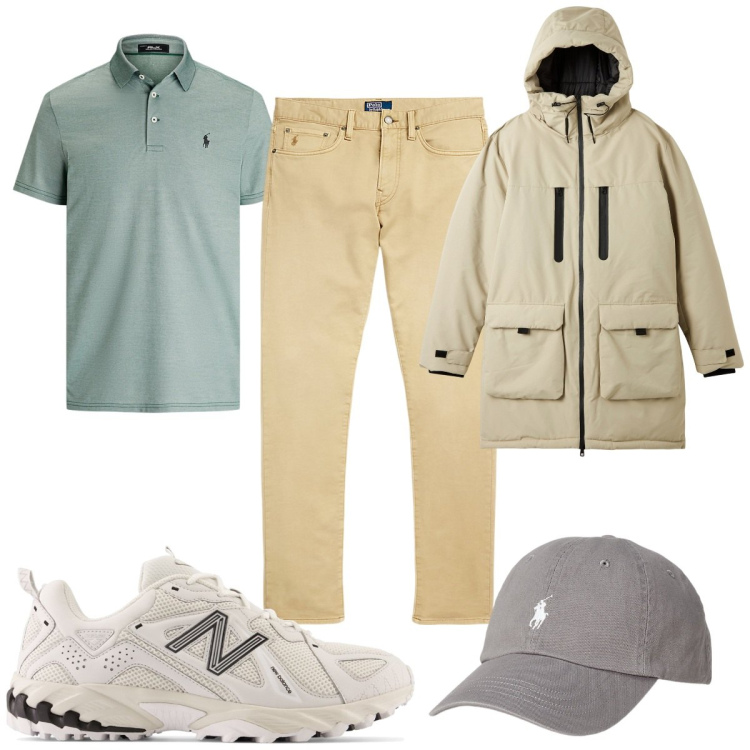 Outfit uomo - Total look #1981535. Stile Casual per Tutti i giorni. Abbinamento con parka, scarpe sportive, cappelli, pantaloni chino, polo.