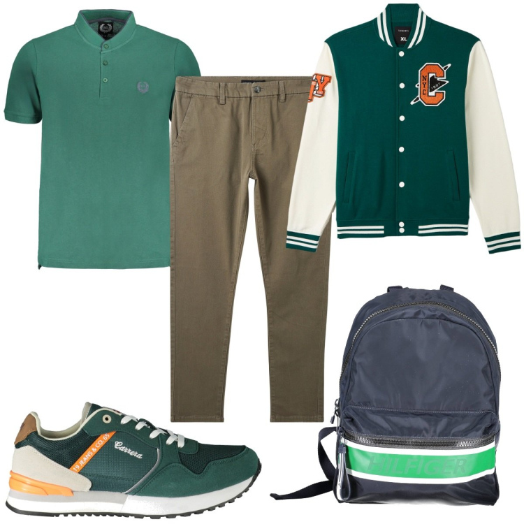 Outfit uomo - Total look #1981539. Stile Trendy per Tutti i giorni. Abbinamento con pantaloni chino, bomber, sneakers, borse sportive, polo.