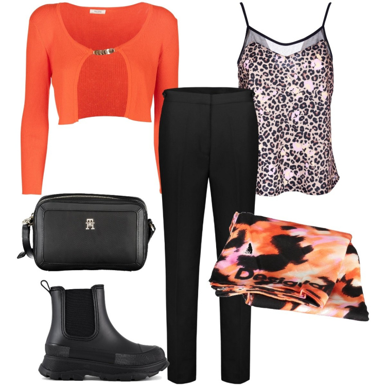 Outfit donna - Una sciarpa ad ottobre. Stile Casual chic per Ufficio. Abbinamento con top, cardigans, stivali, pantaloni, foulard, borse a tracolla.