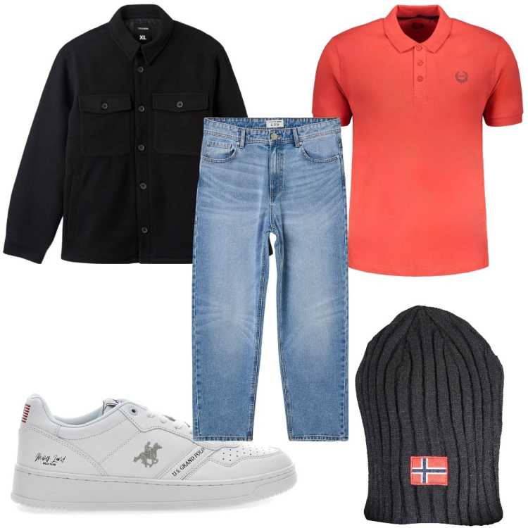 Outfit uomo - Total look #1981545. Stile Trendy per Tutti i giorni. Abbinamento con cappotti, jeans, sneakers, polo, berretti.