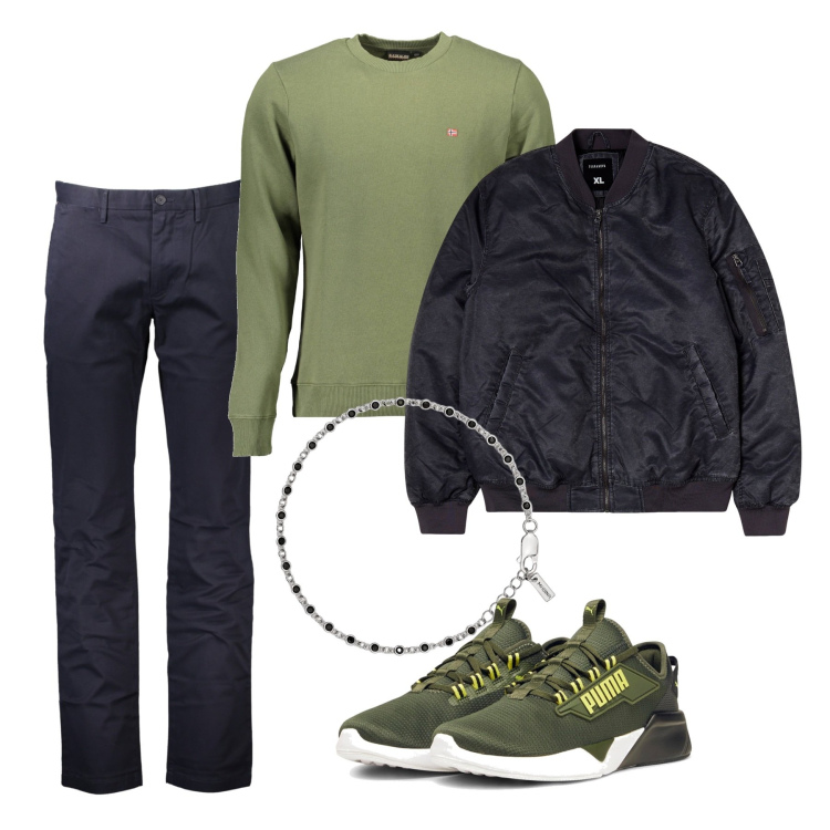Outfit uomo - Oliva e nero. Stile Urban per Tutti i giorni. Abbinamento con bomber, braccialetti, felpe, sneakers, pantaloni.