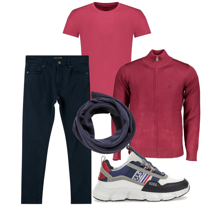 Outfit uomo - In centro. Stile Casual per Tutti i giorni. Abbinamento con sciarpe, pantaloni skinny, t-shirt, cardigans, sneakers.
