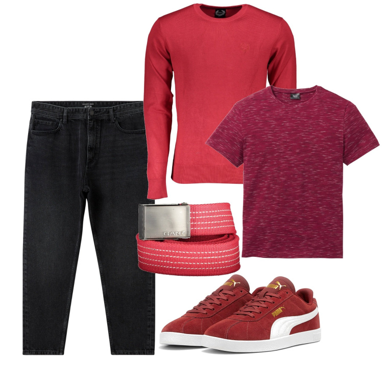 Outfit uomo - Rosso acceso. Stile Urban per Tutti i giorni. Abbinamento con t-shirt, jeans, sneakers, maglieria, cinture.