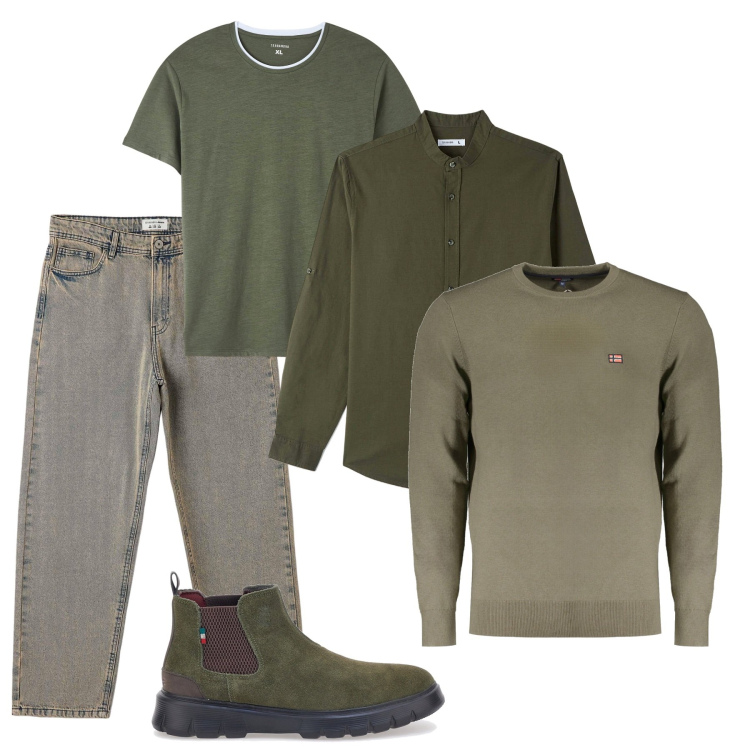 Outfit uomo - Layering in verde. Stile Urban per Tutti i giorni. Abbinamento con camicie, t-shirt, jeans, stivali e stivaletti, maglieria.