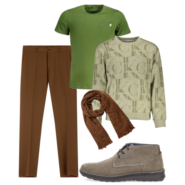 Outfit uomo - Ottobre libero. Stile Trendy per Tutti i giorni. Abbinamento con pantaloni, sciarpe, felpe, scarpe stringate, t-shirt.