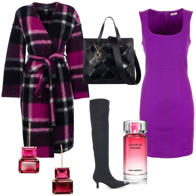 Outfit donna - Semplicemente glam. Stile Glamour per Ufficio. Abbinamento con profumi, borse a mano, cappotti, vestiti senza maniche, orecchini, stivali.