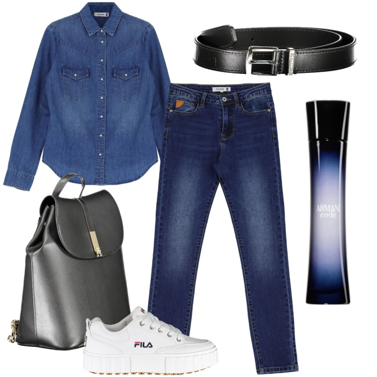 Outfit donna - Denim su denim. Stile Casual per Tutti i giorni. Abbinamento con profumi, jeans skinny, camicie, sneakers, zaini, cinture.