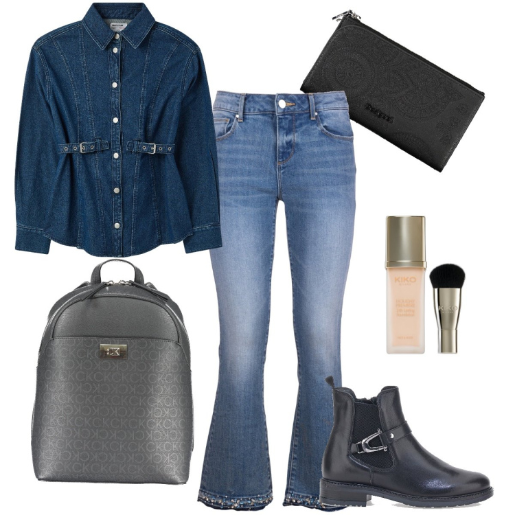 Outfit donna - La camicia con fibbie. Stile Casual chic per Tutti i giorni. Abbinamento con fondotinta, camicie, jeans bootcut, stivaletti, zaini, portafogli.