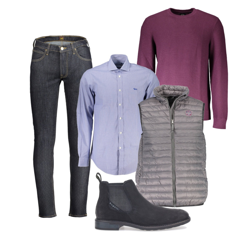 Outfit uomo - Ciclamino in mezzo al grigio. Stile Casual per Tutti i giorni. Abbinamento con stivali e stivaletti, camicie, maglieria, giacche, jeans.