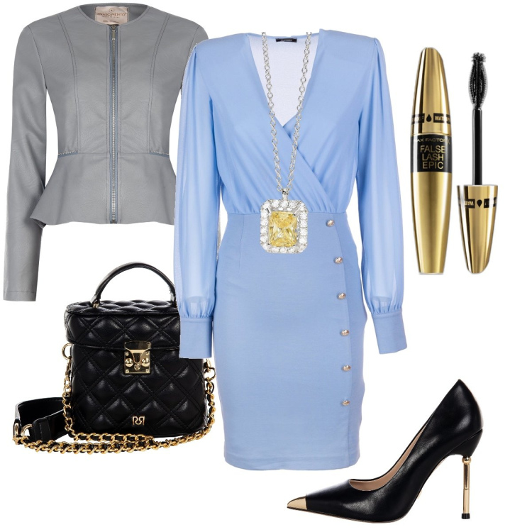 Outfit donna - Dettagli gold. Stile Bon Ton per Serata fuori. Abbinamento con mascara, collane, blazer, borse a mano, décolleté, vestiti a tubino.