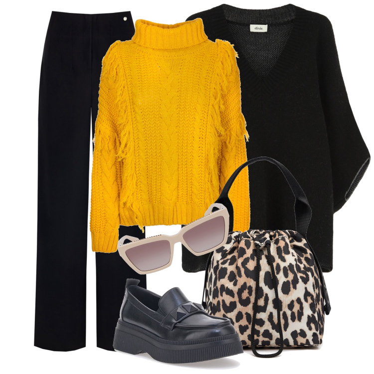 Outfit donna - Un giro in città. Stile Casual chic per Tutti i giorni. Abbinamento con pantaloni, maglieria, cappotti, mocassini, occhiali da sole, borse a mano.