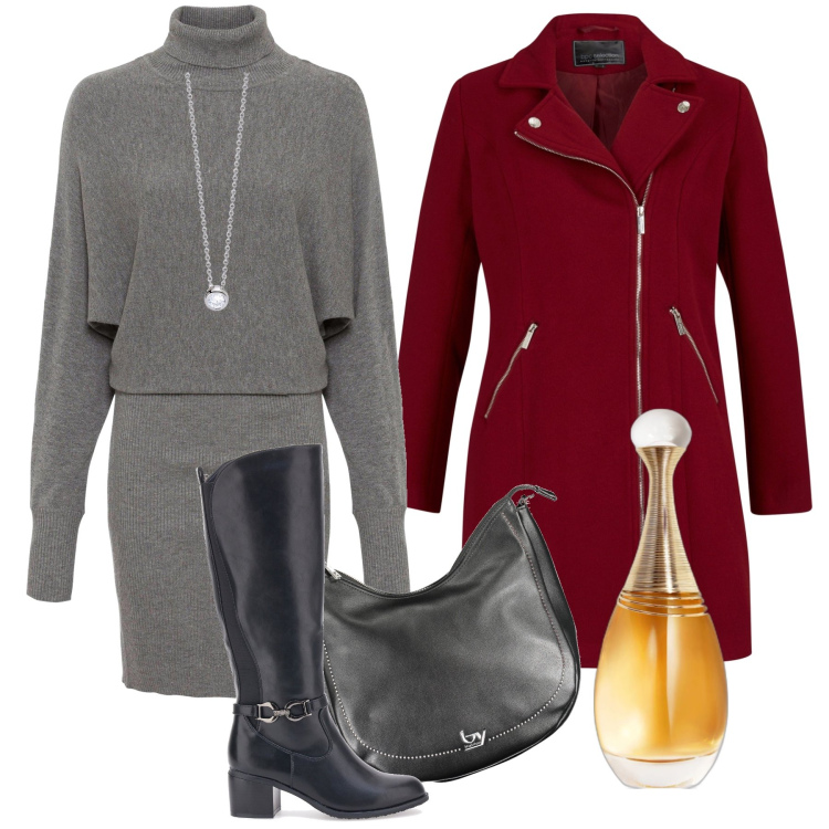 Outfit donna - Stivali e vestito in lana. Stile Trendy per Tutti i giorni. Abbinamento con vestiti, cappotti, profumi, collane, stivali, borse a spalla.